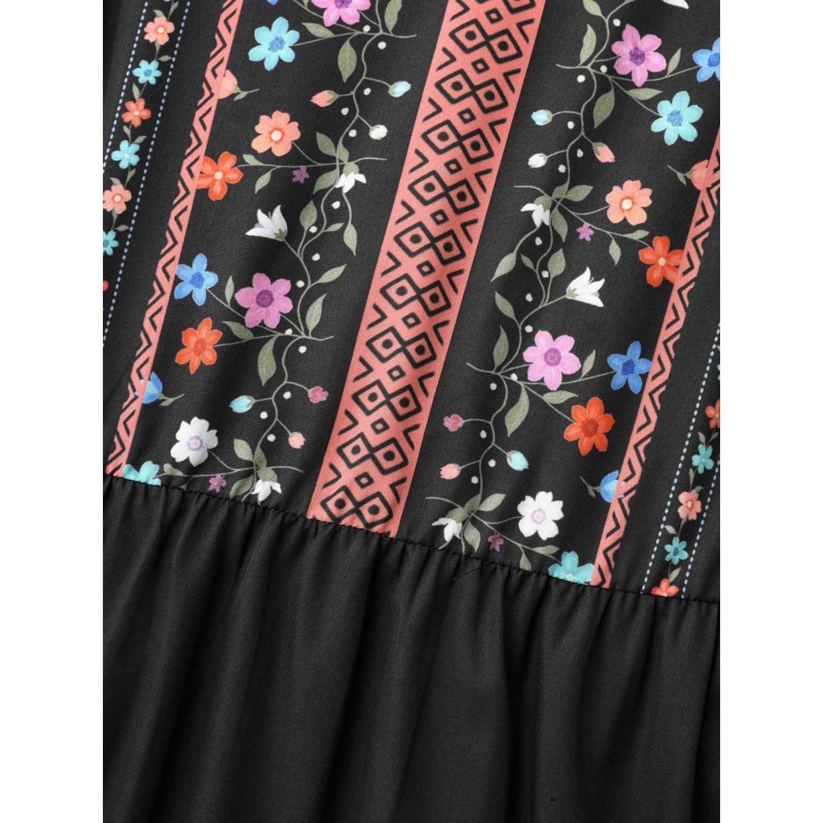 Plus Size Notched Collar Boho Print Midi Dress Black Women Resort Non Notched collar Long Sleeve Curvy BloomChic 26/4X Product Image