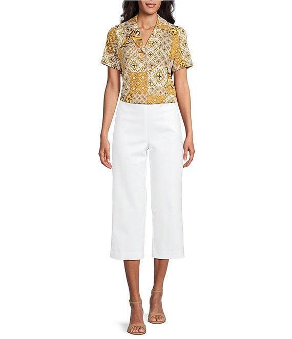 Investments Petite Size Knit Mosaic Patchwork Short Sleeve Button Front Notch Collar Camp Top Product Image