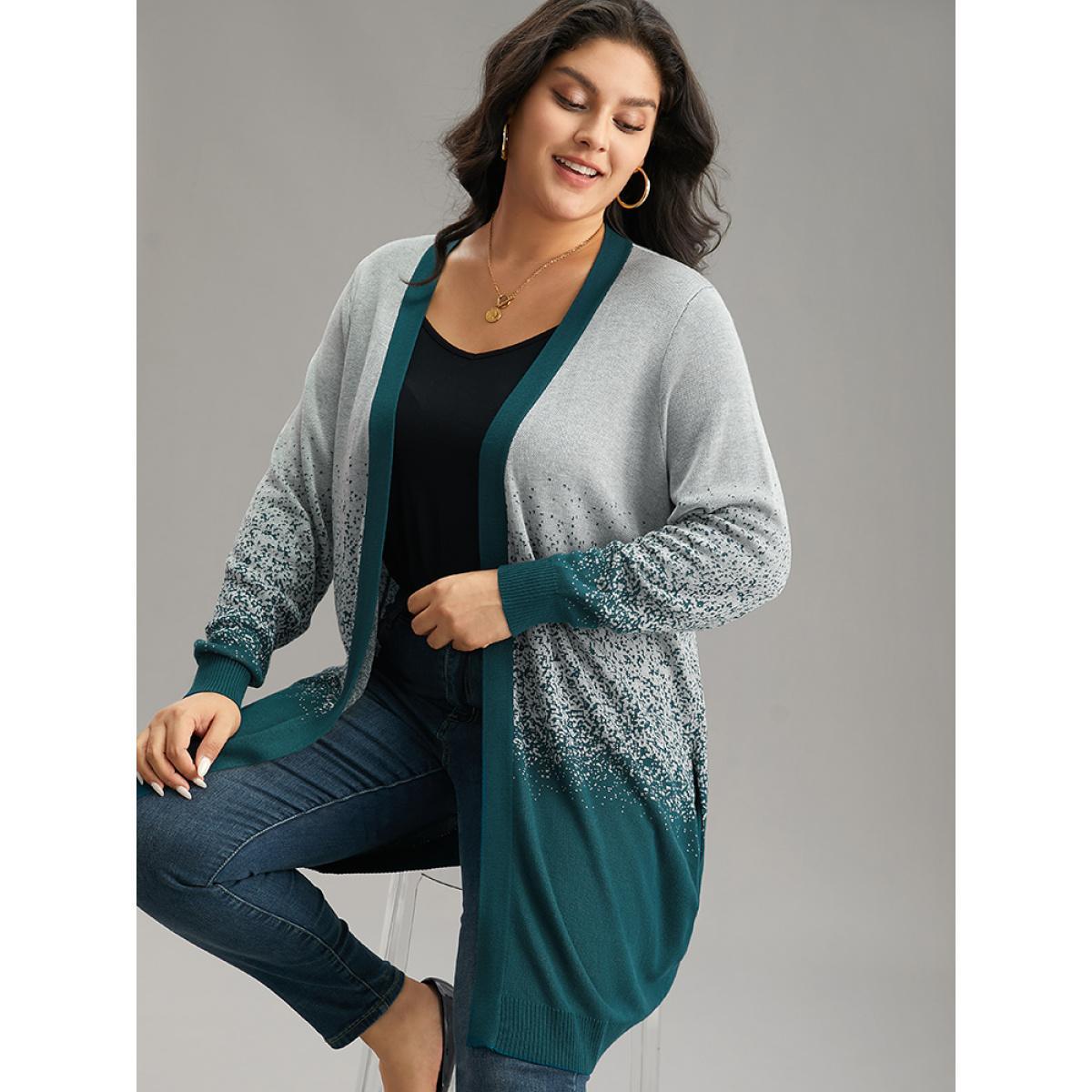 Plus Size Ombre Heather Contrast Open Front Cardigan Cyan Women Casual Loose Long Sleeve Dailywear Cardigans BloomChic 14-16/1X Product Image