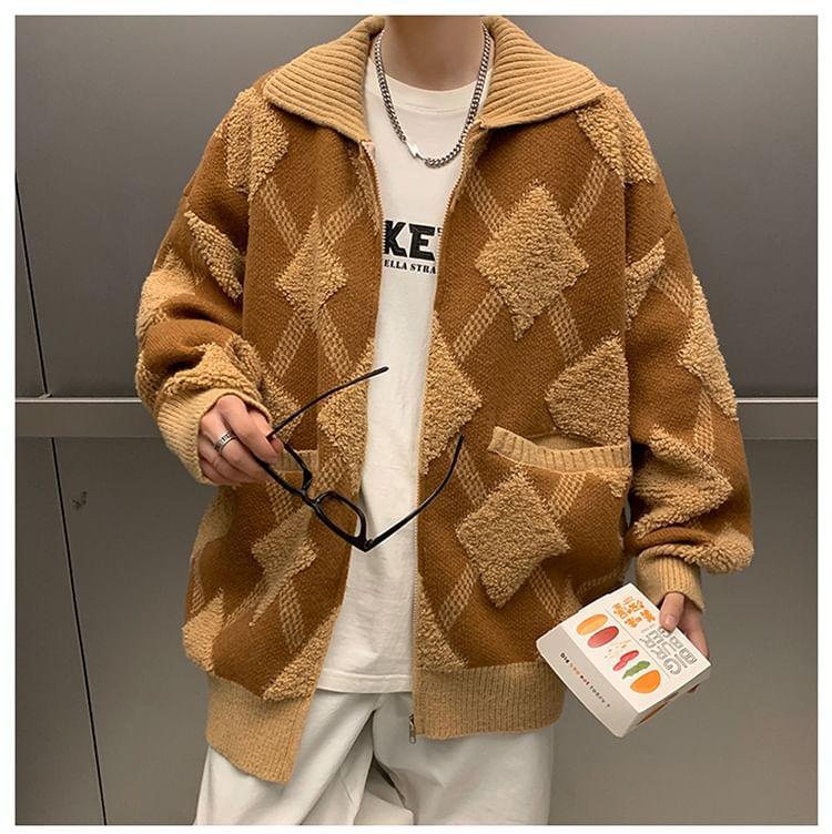 Collared Diamond Pattern Zip Up Cardigan Product Image