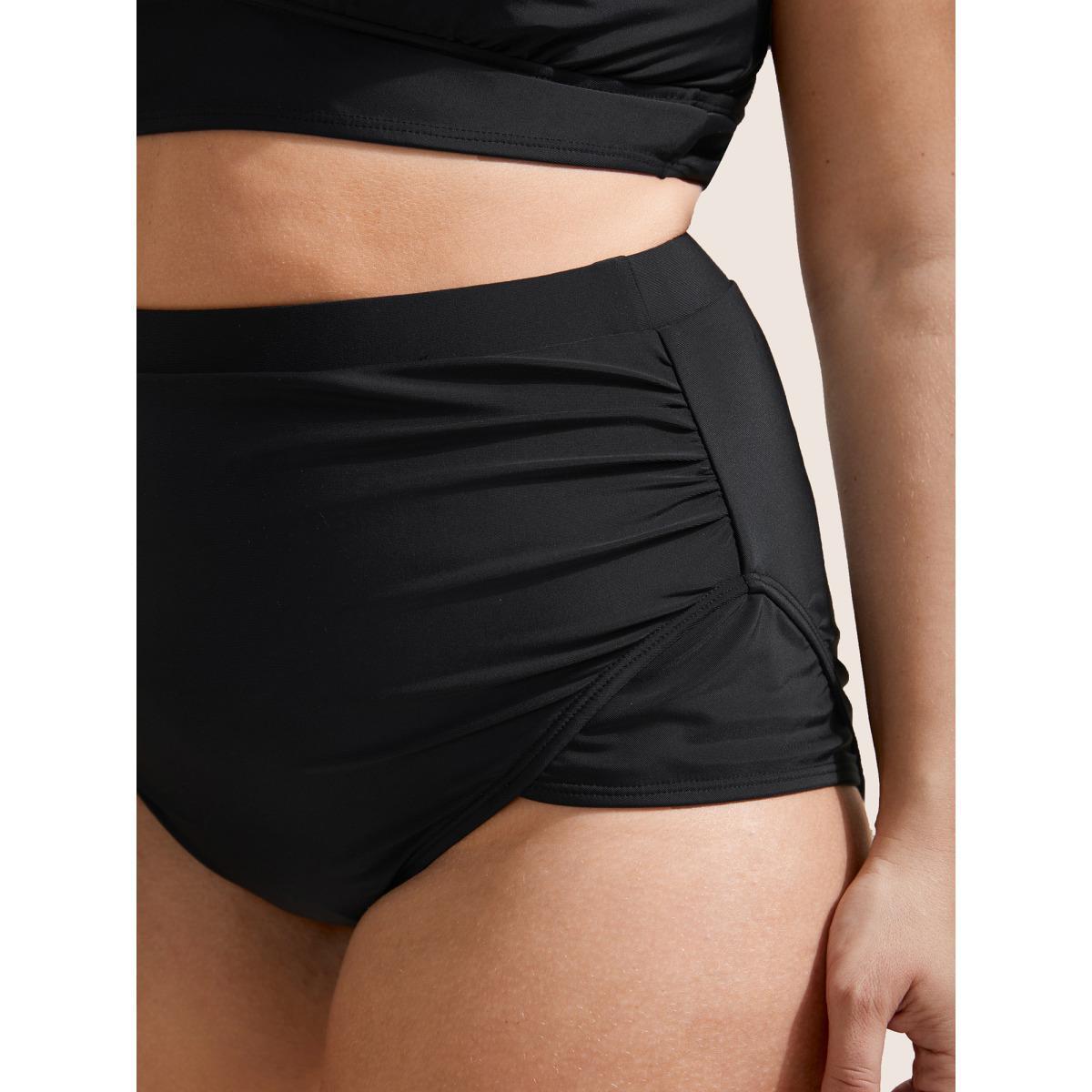 Plus Size Plain Patchwork Ruched Swim Bottom Women's Swimwear Black Beach Non High stretch Skinny High Rise Curve Swim Bottoms BloomChic 28/5X Product Image