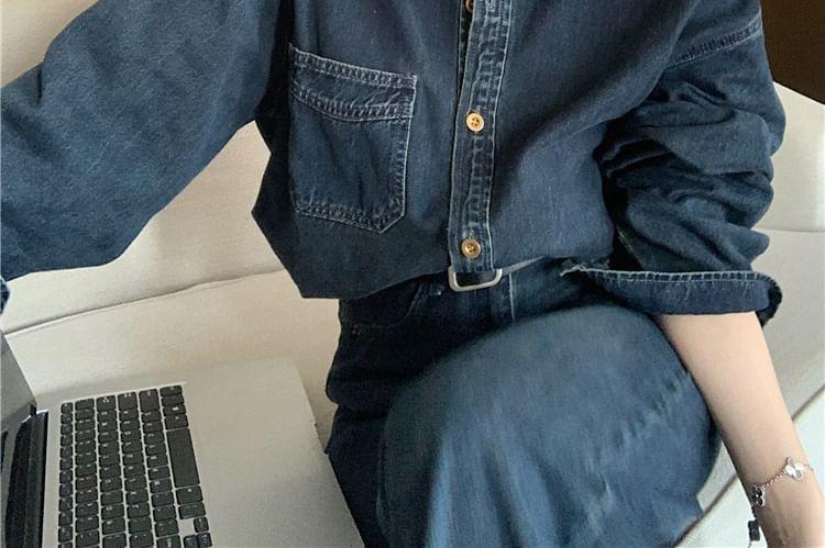 Long-Sleeve Washed Button-Up Denim Shirt / High Rise Wide Leg Jeans Product Image