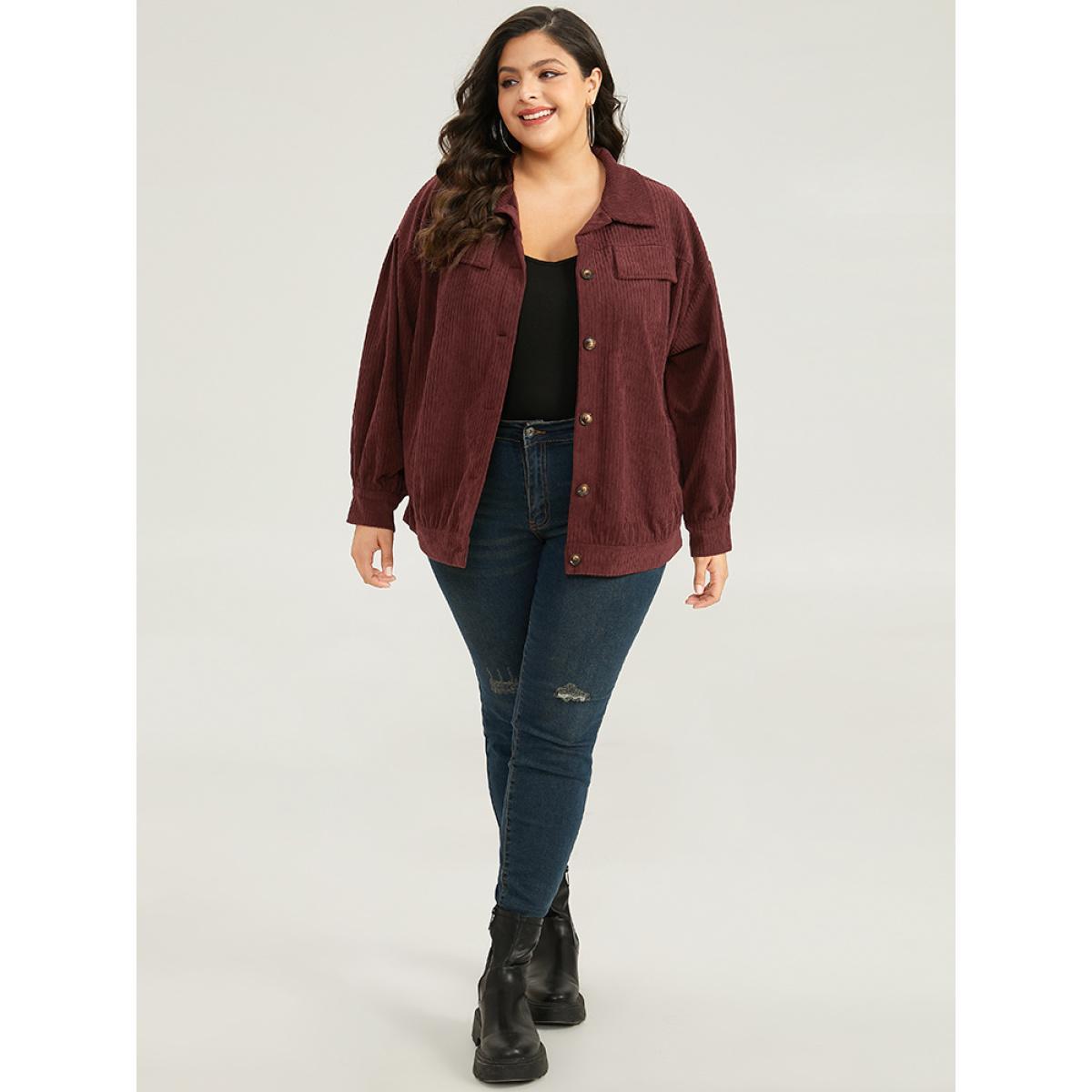 Plus Size Plain Texture Button Through Gathered Jacket Women Maroon Texture Dailywear Jackets BloomChic 18-20/2X Product Image