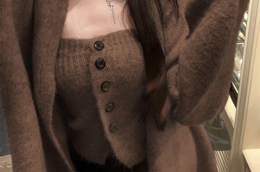 Set: Button Knit Tube Top + Long Cardigan Product Image