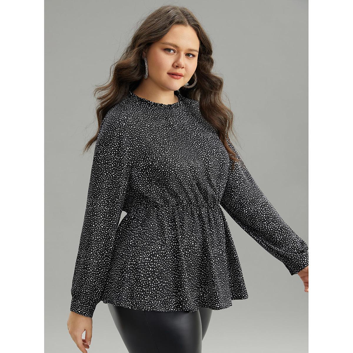 Plus Size Black Polka Dot Chiffon Frill Trim Cut Out Elastic Waist Blouse Women Office Long Sleeve Round Neck Work Blouses BloomChic 12/L Product Image