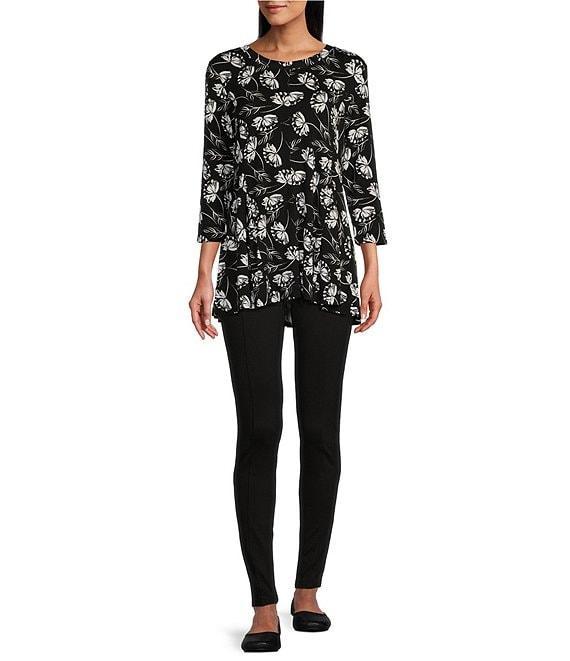 Intro Petite Size Knit Jersey Floral Print Scoop Neck 3/4 Sleeve Flare Hem Top Product Image