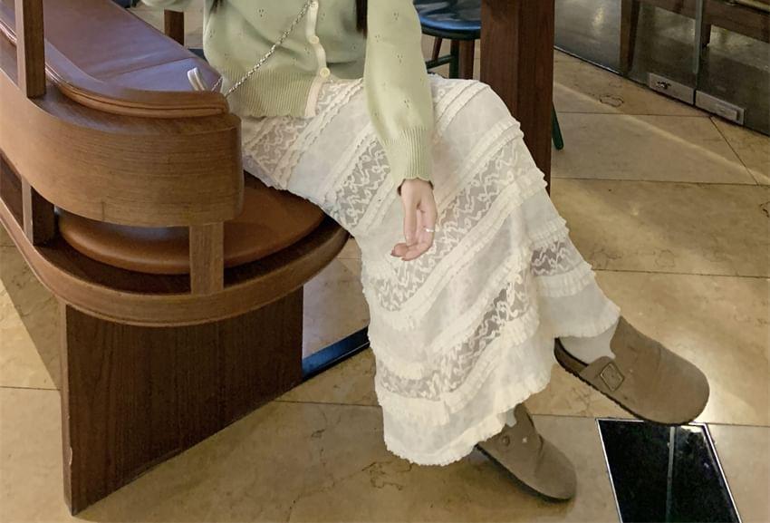 Round Neck Two Tone Bow Cardigan / Spaghetti Strap Contrast Trim Tiered Panel Lace Maxi A-Line Dress Product Image
