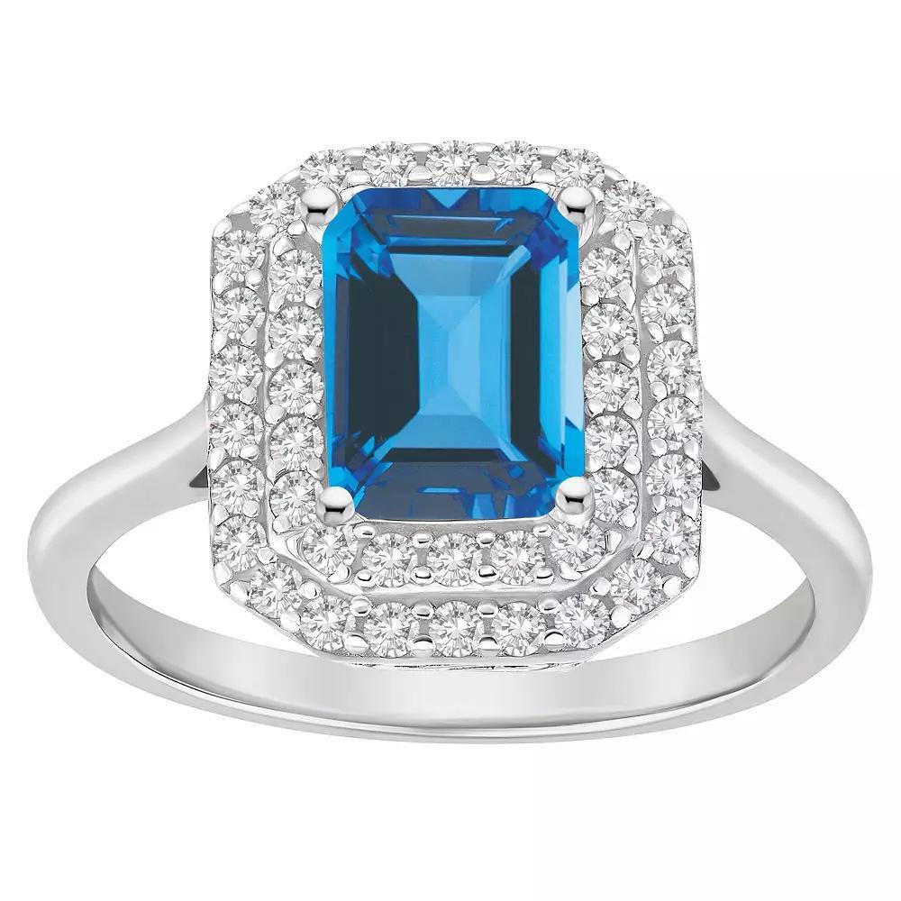 Celebration Gems Sterling Silver Emerald-Cut Swiss Blue Topaz & White Topaz Double Halo Ring, Women's, Size: 5 Product Image