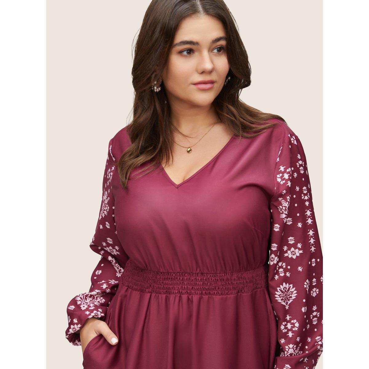 Plus Size Bandana Print Shirred Elastic Cuffs Dress RedViolet Women Resort Non V-neck Long Sleeve Curvy Midi Dress BloomChic 14-16/1X Product Image