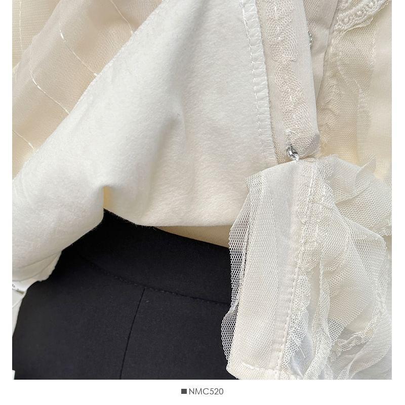 Lace-Panel Round-Neck Shirt Product Image