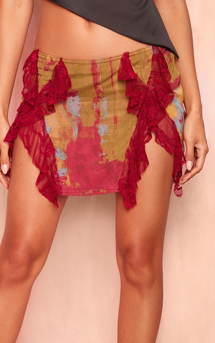 Multi Blurred Patchwork Lined Mesh Lace Trim Mini Skirt Product Image