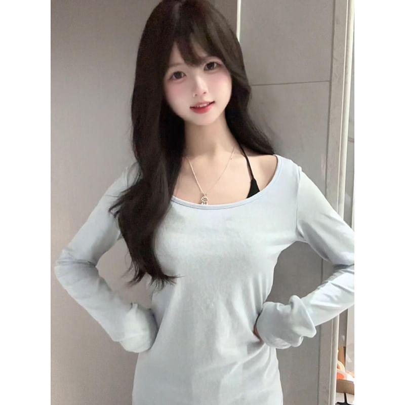 Long-Sleeve Boatneck Plain Top Product Image