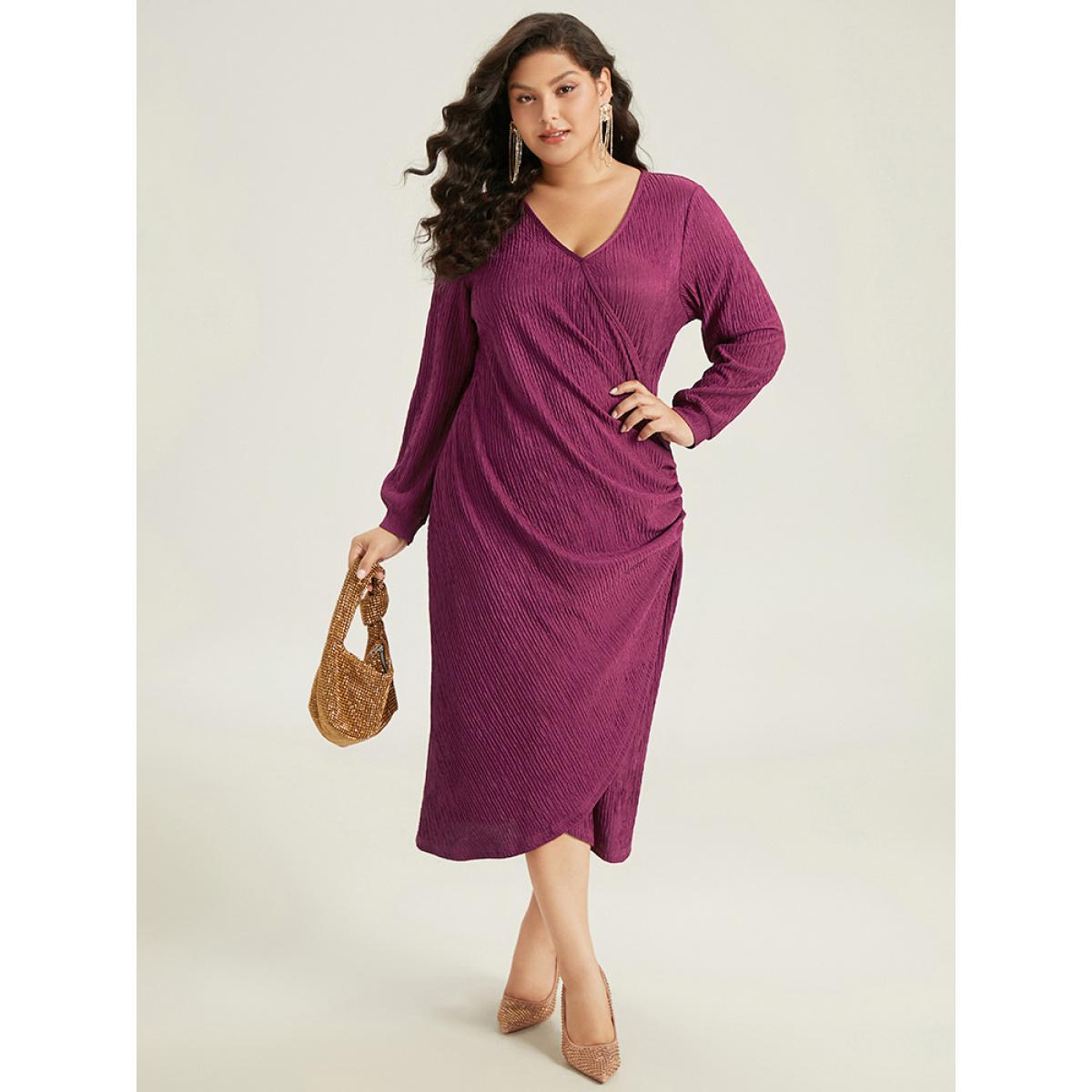 Plus Size Plain Rib Knit V Neck Wrap Pleated Dress Purple Women Party Texture V-neck Long Sleeve Curvy Midi Dress BloomChic 10/M Product Image