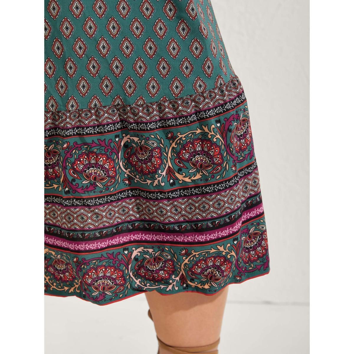 Plus Size Paisley Print Shirred Bodice Midi Dress Teal Women Square Neck Elbow-length sleeve Curvy BloomChic 18-20/2X Product Image
