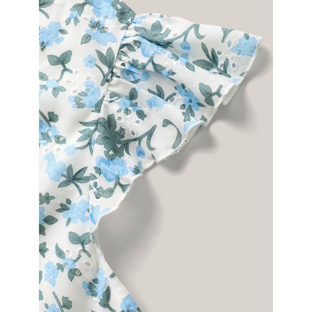 Plus Size LightBlue Embroidered Floral Split Neck Tank Top Women Short sleeve Flat collar with V-notch Vacation Blouses BloomChic 26/4X Product Image