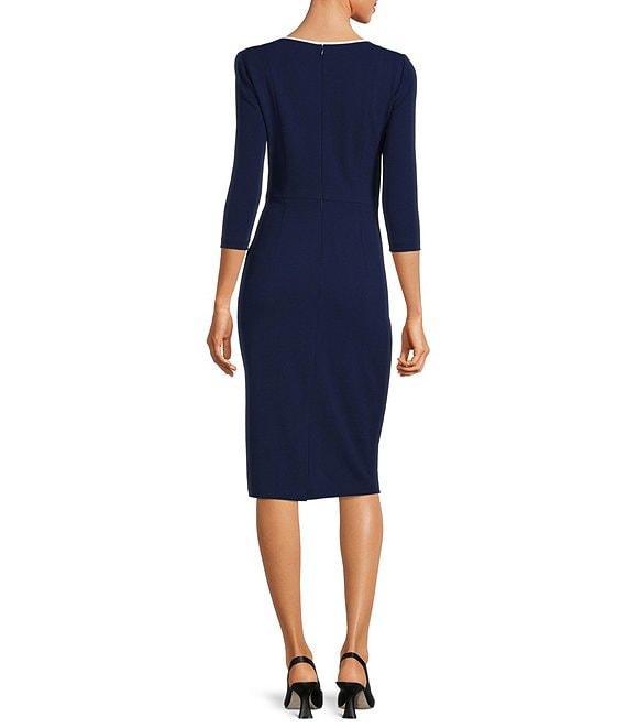 Adrianna Papell Contrasting Trim Boat Neck 3/4 Sleeve Tie Waist Crepe Sheath Dress Product Image