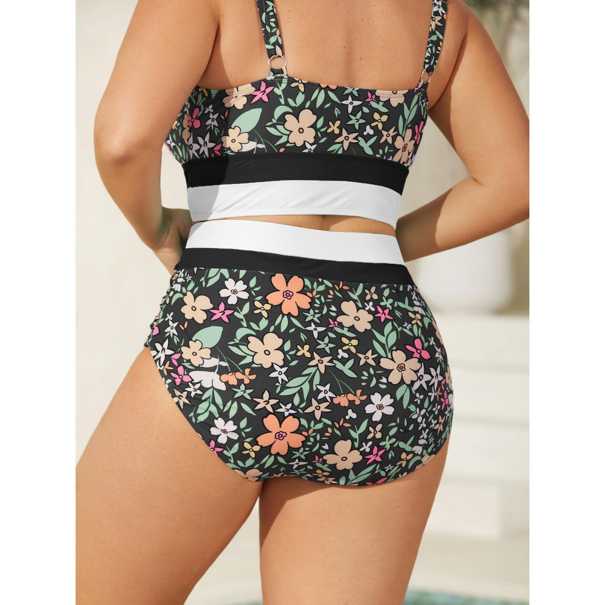 Plus Size Floral Print Color Contrast Swim Bottoms Women's Swimwear Black Beach Contrast High stretch Skinny High Rise Curve Swim Bottoms BloomChic 18-20/2X Product Image