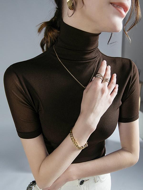 Half Sleeves Skinny Solid Color High Neck T-Shirts Tops Product Image