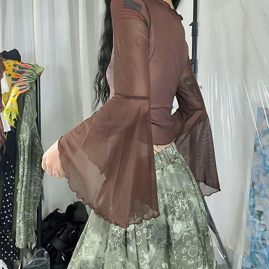 Bell Sleeve Butterfly Print Mesh Panel Slim-Fit Crop Top Product Image