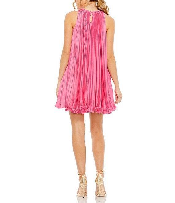 Mac Duggal Pleated Crew Neck Sleeveless Mini Trapeze Dress Product Image