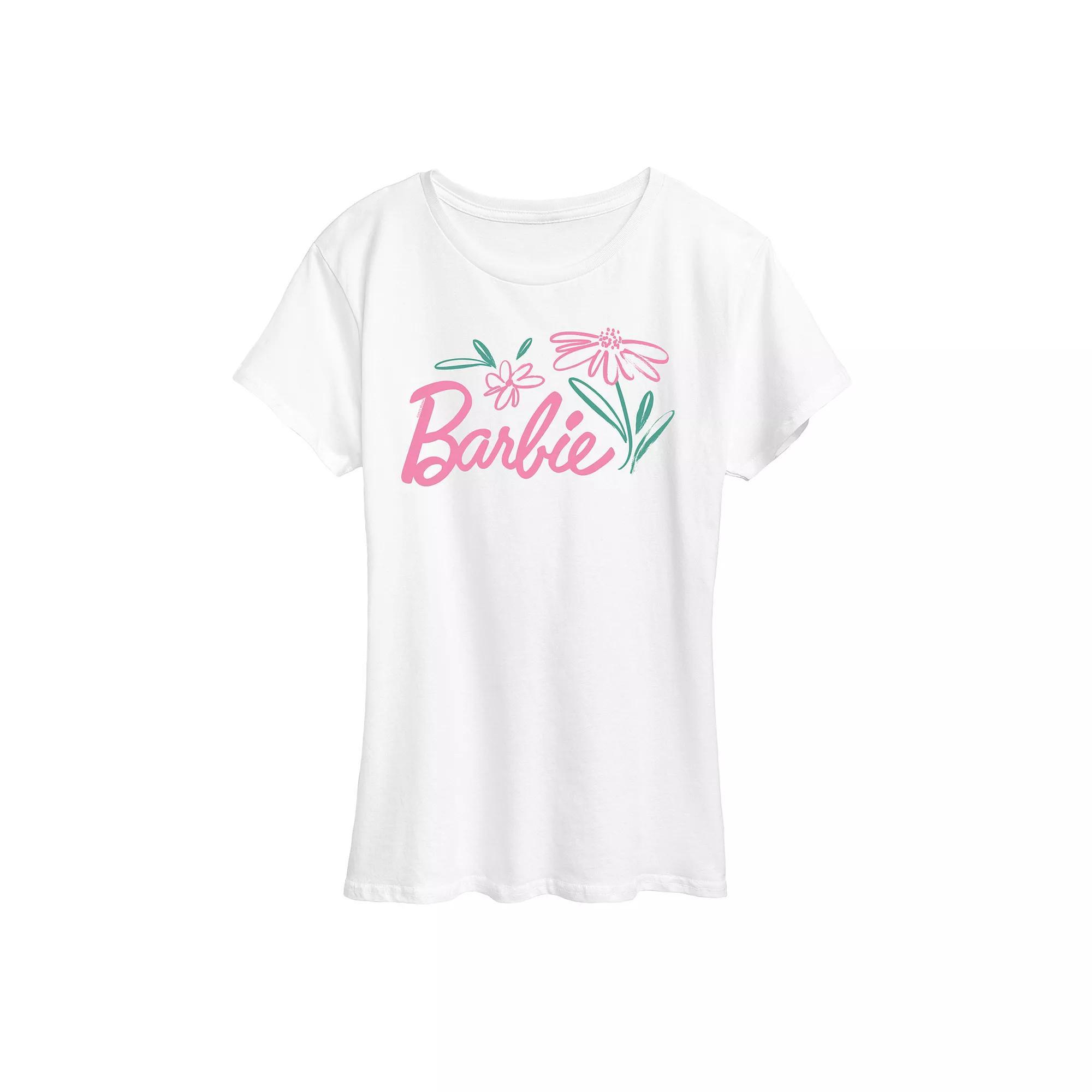 Womens Barbie Logo Brushed Flowers Graphic Tee Product Image