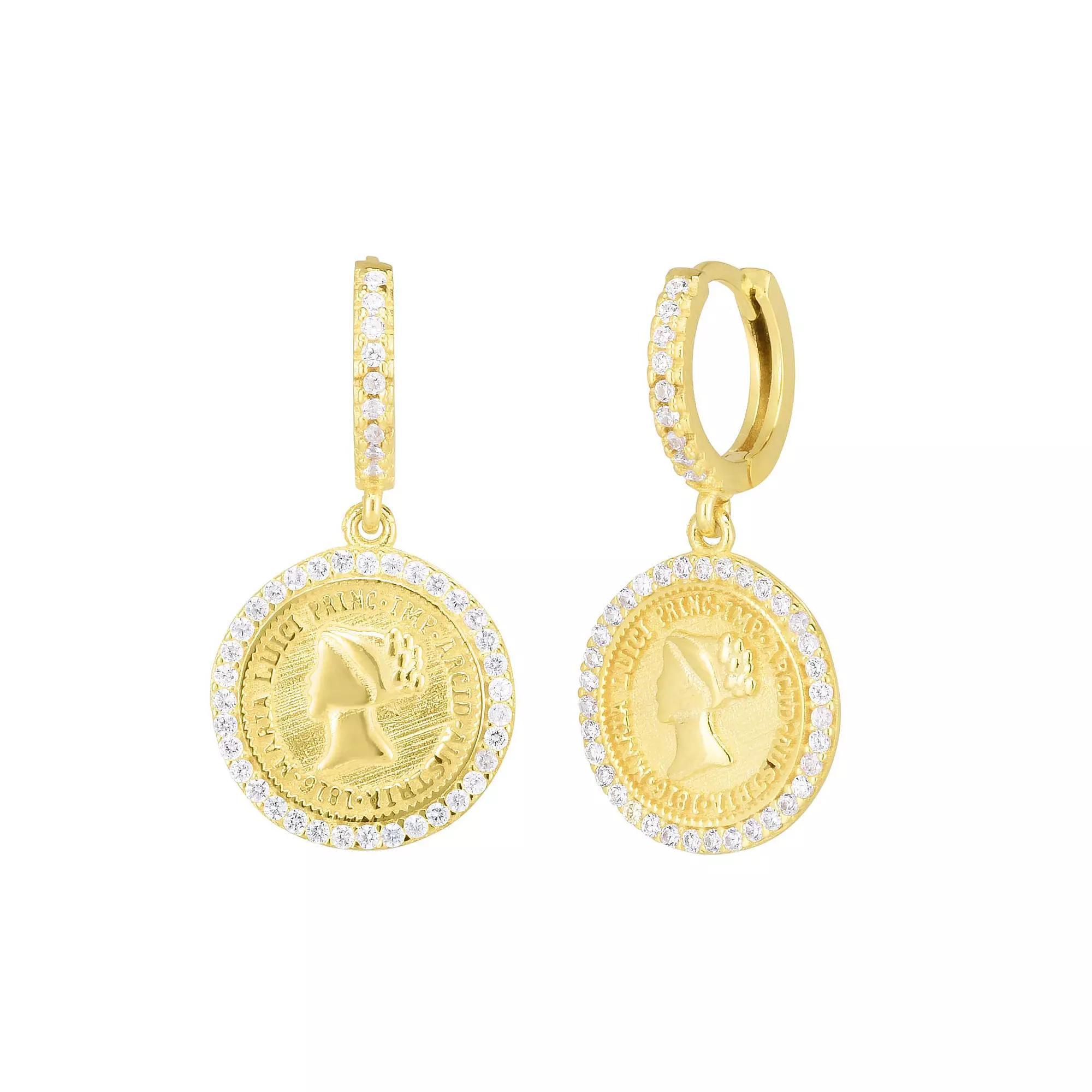 Sunkissed Sterling Cubic Zirconia Halo Coin Hoop Drop Earrings, Women's, Gold Tone Product Image