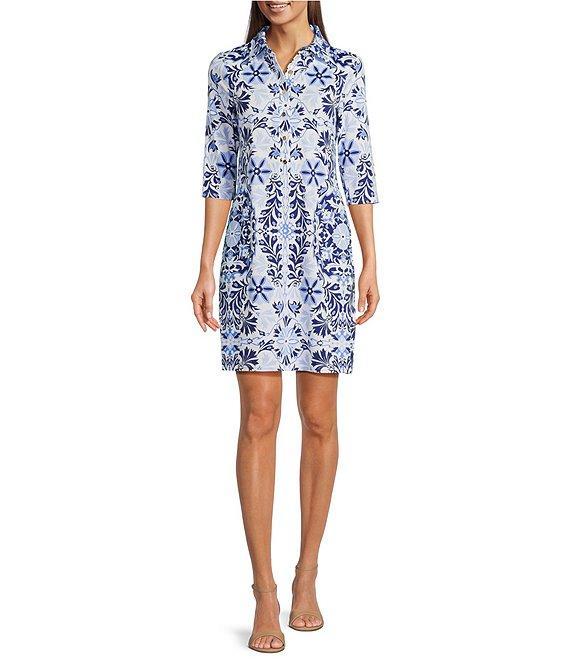 Jude Connally Susanna French Tile Print Point Collar 3/4 Sleeve Polished Classic Shirt Dress Product Image
