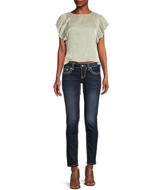 Miss Me Loose Saddle Border Stitch Flap Pocket Low Rise Skinny Jeans Product Image