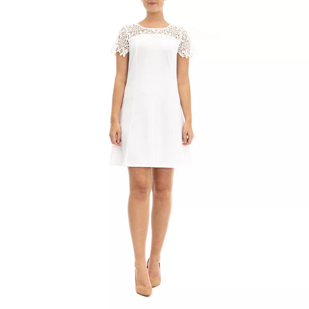 Women's Nina Leonard Lace-Yoke Cap Sleeve A-Line Dress, Size: Large, Ivory Product Image