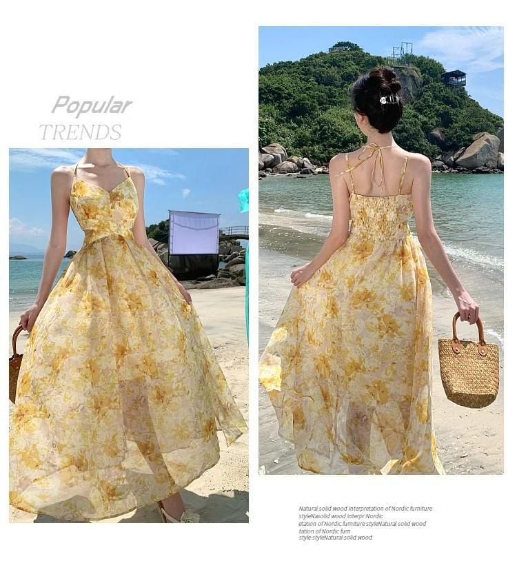 Spaghetti Strap V-Neck Floral Print Maxi A-Line Dress Product Image