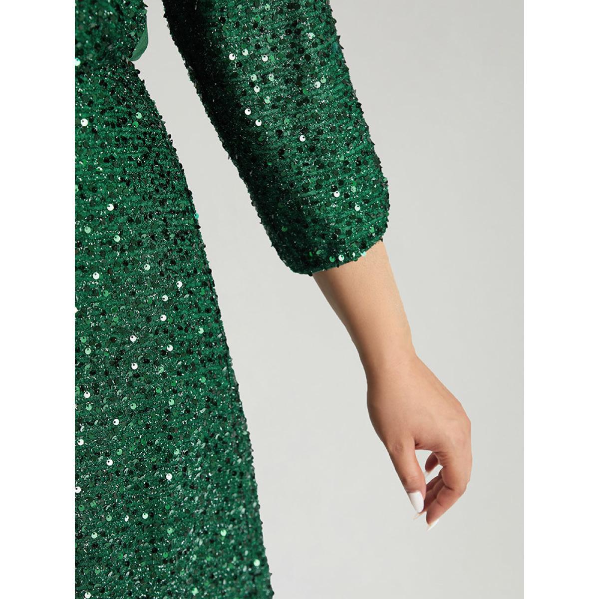 Plus Size Sequin Overlap Collar Elastic Waist Knee Dress DarkGreen Women Cocktail Wrap Overlap Collar Elbow-length sleeve Curvy Knee Dress BloomChic 28/5X Product Image
