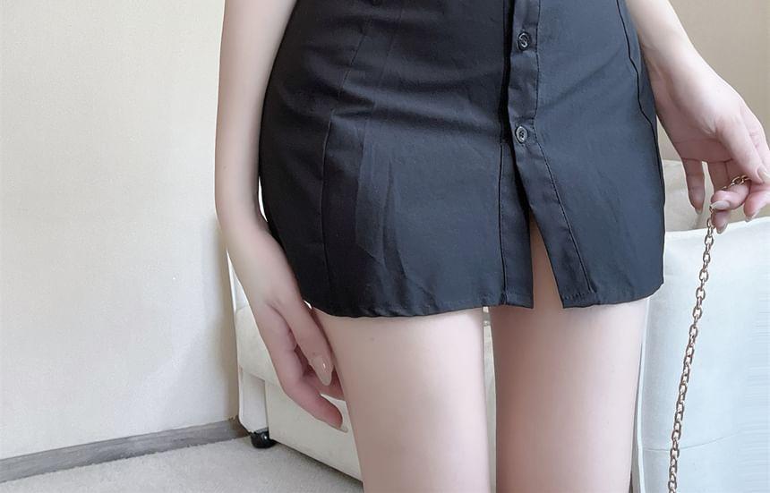 Elbow Sleeve Collared Plain Ruched Shirt Product Image