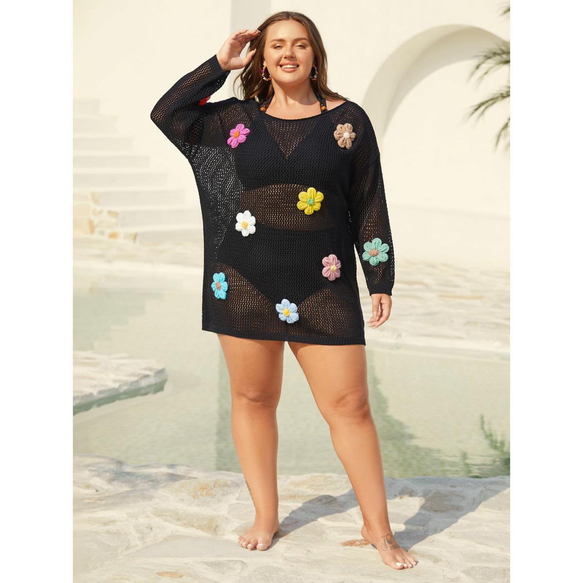 Plus Size Crochet Floral Cut-Out Swim Cover-Up Women's Swimwear Black Beach Loose Crochet Curve Swim Cover Ups BloomChic 14-16/1X Product Image