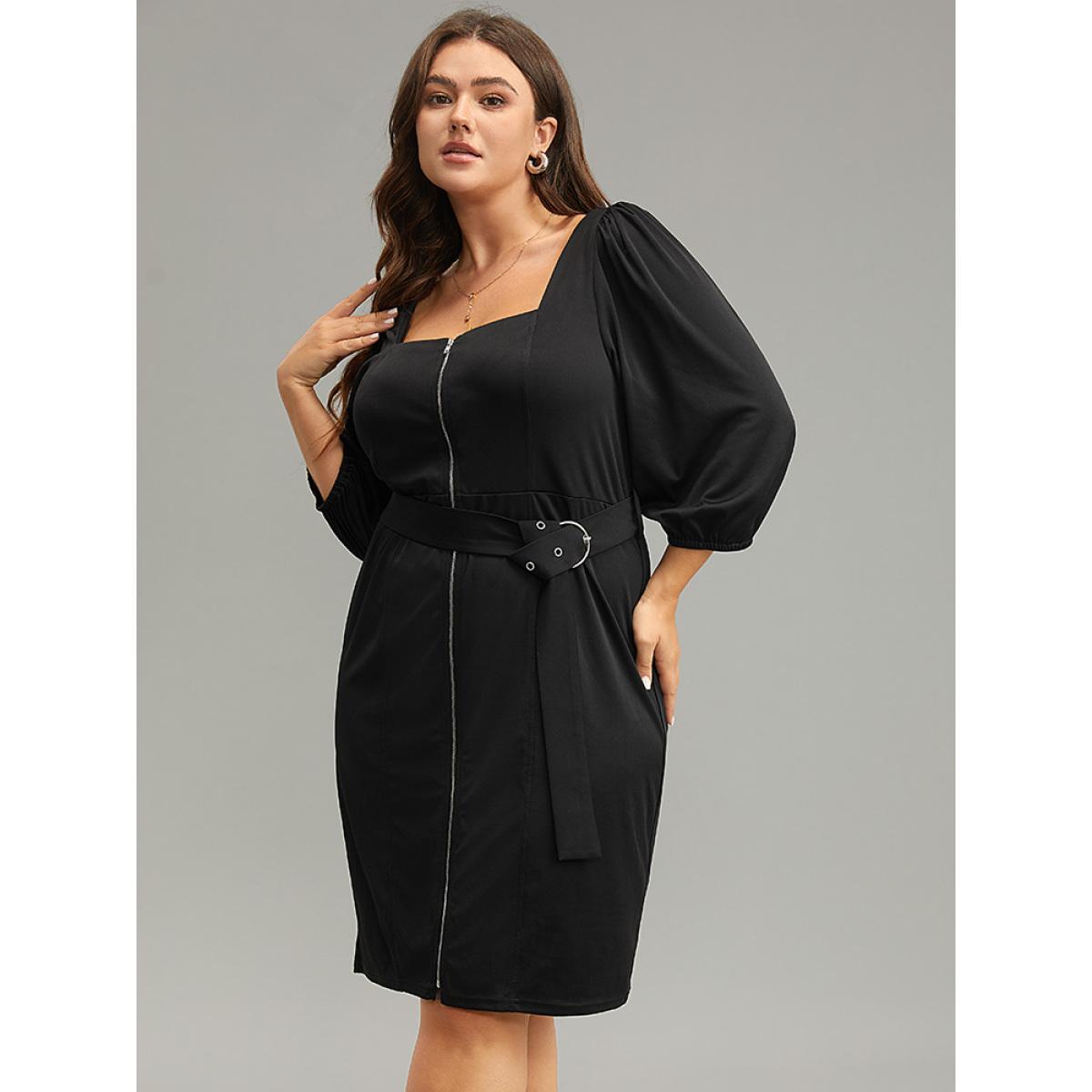 Plus Size Plain Square Neck Belted Metal Detail Zipper Dress Black Women Office Plain Square Neck Elbow-length sleeve Curvy Knee Dress BloomChic 10/M Product Image
