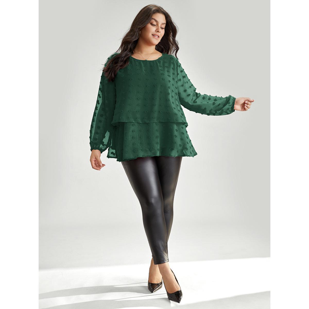 Plus Size Scarlet Solid Textured Lantern Sleeve Tiered Hem Blouse Women Elegant Long Sleeve Round Neck Everyday Blouses BloomChic 10/M Product Image