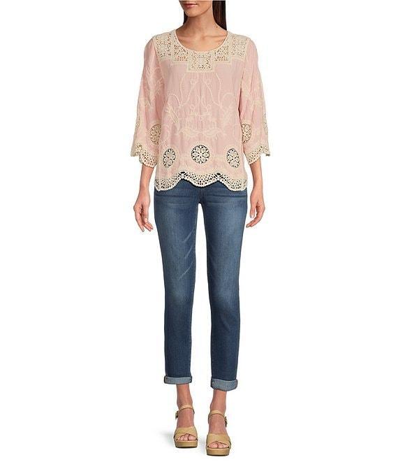 Leo & Nicole Woven Allover Embroidered Scoop Neck 3/4 Sleeve Lace Yoke Top Product Image