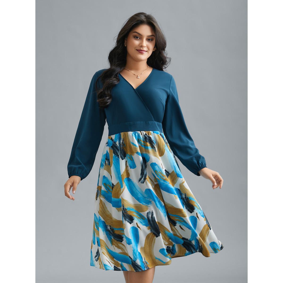 Plus Size Brush Stroke Print Contrast Spliced Dress Aegean Women Elegant Patchwork Overlap Collar Long Sleeve Curvy BloomChic 18-20/2X Product Image