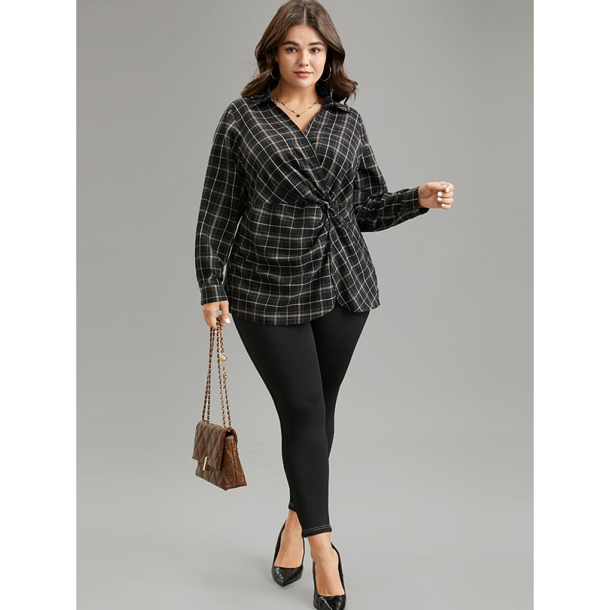 Plus Size Black Plaid Shirt Collar Twist Front Blouse Women Office Long Sleeve Shirt collar Work Blouses BloomChic 10/M Product Image