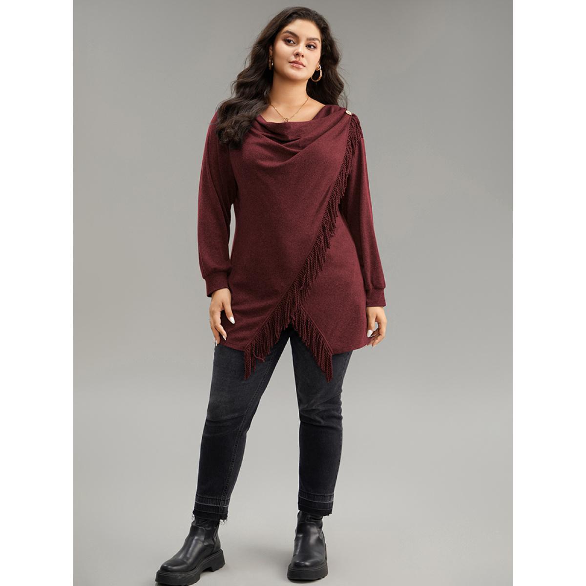 Plus Size Cowl Neck Tassels Button Detail Wrap Sweatshirt Women Burgundy Elegant Wrap Cowl Neck Everyday Sweatshirts BloomChic 28/5X Product Image