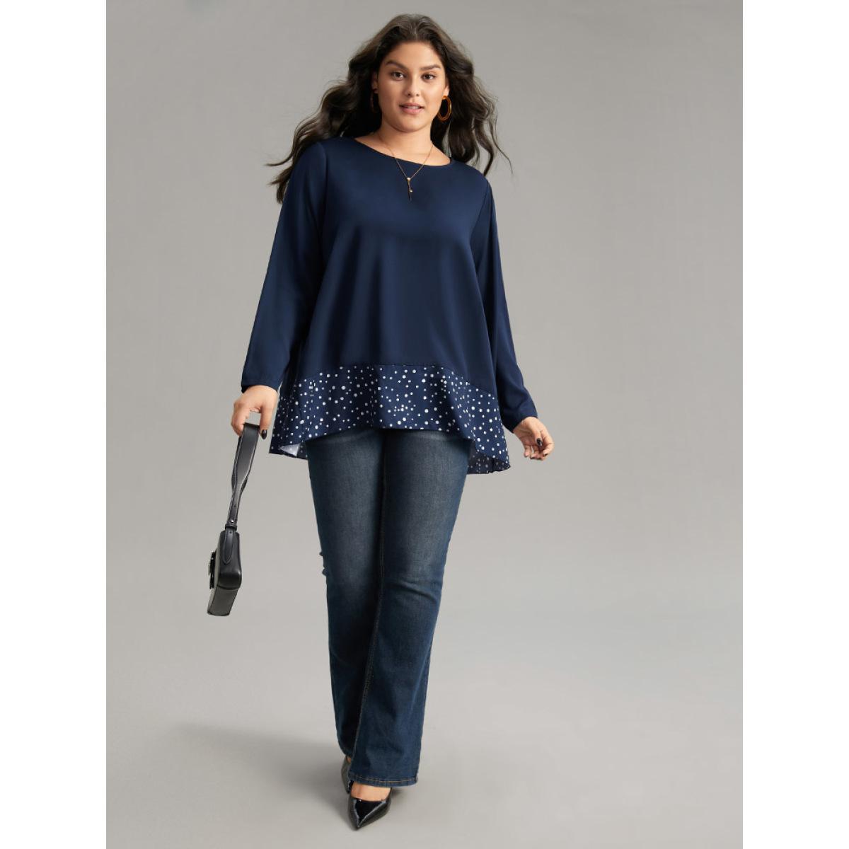 Plus Size Indigo Polka Dot Patchwork Long Sleeve Blouse Women Office Long Sleeve Round Neck Work Blouses BloomChic 12/L Product Image