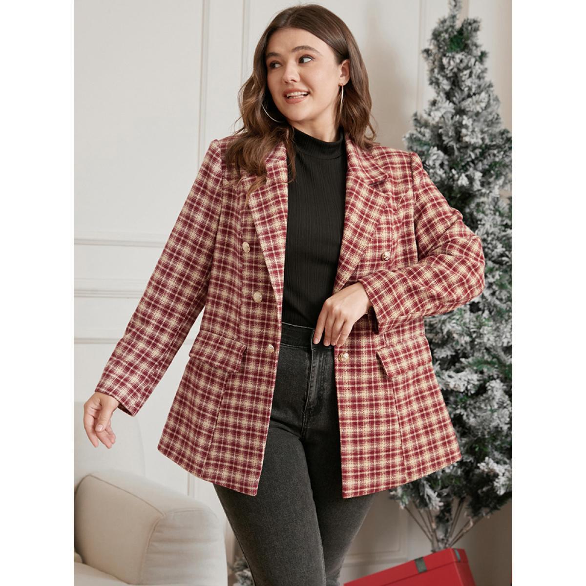 Plus Size Plaid Suit Collar Button Detail Flap Pocket Coat Women Scarlet Elegant Ladies Dailywear Winter Coats BloomChic 26/4X Product Image