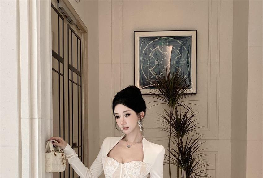 Long Sleeve Square Neck Floral Lace Maxi Bodycon Dress Product Image
