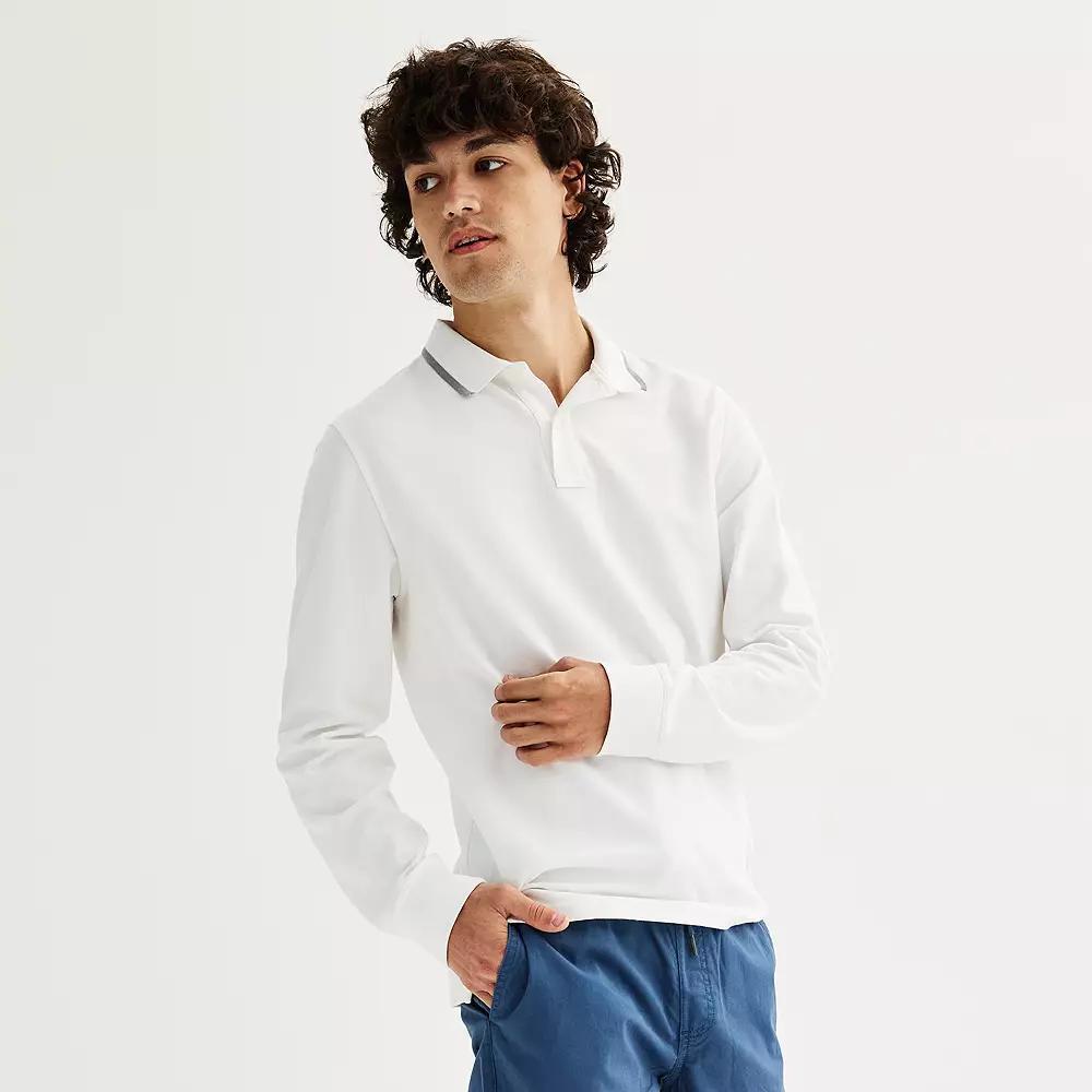 Men's Sonoma Goods For Life® Long Sleeve Pique Polo, Size: XL, White Gray Tipping Product Image