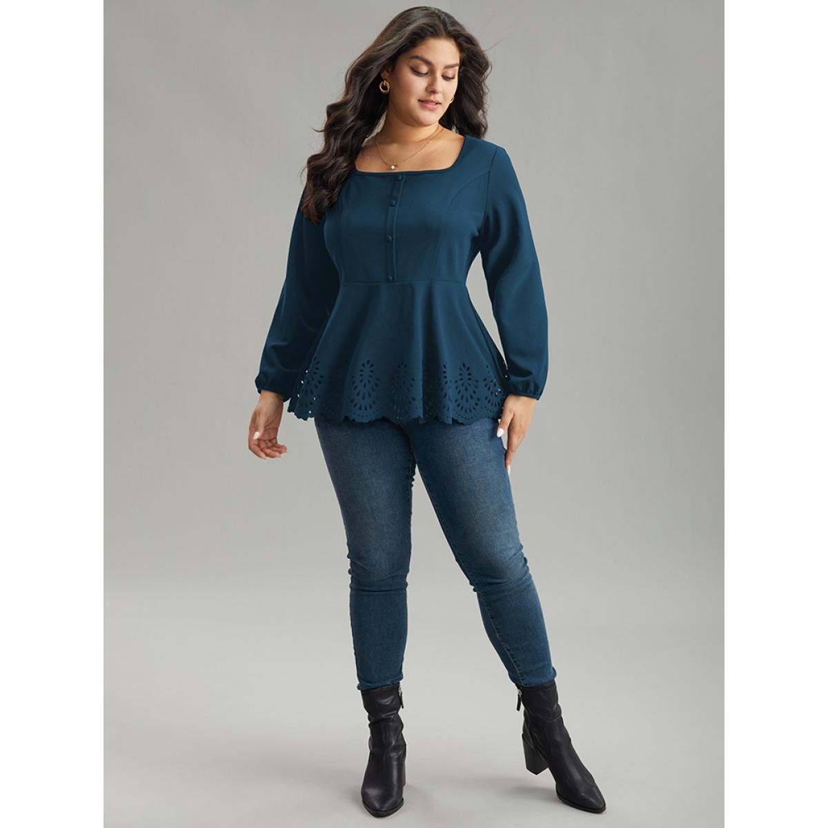 Plus Size Cyan Plain Laser Cut Button Detail Blouse Women Elegant Long Sleeve Square Neck Dailywear Blouses BloomChic 22-24/3X Product Image