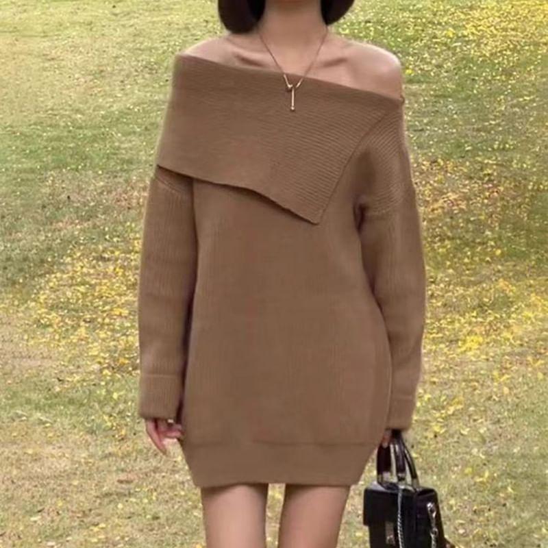 Off Shoulder Plain Mini Sweater Dress Product Image
