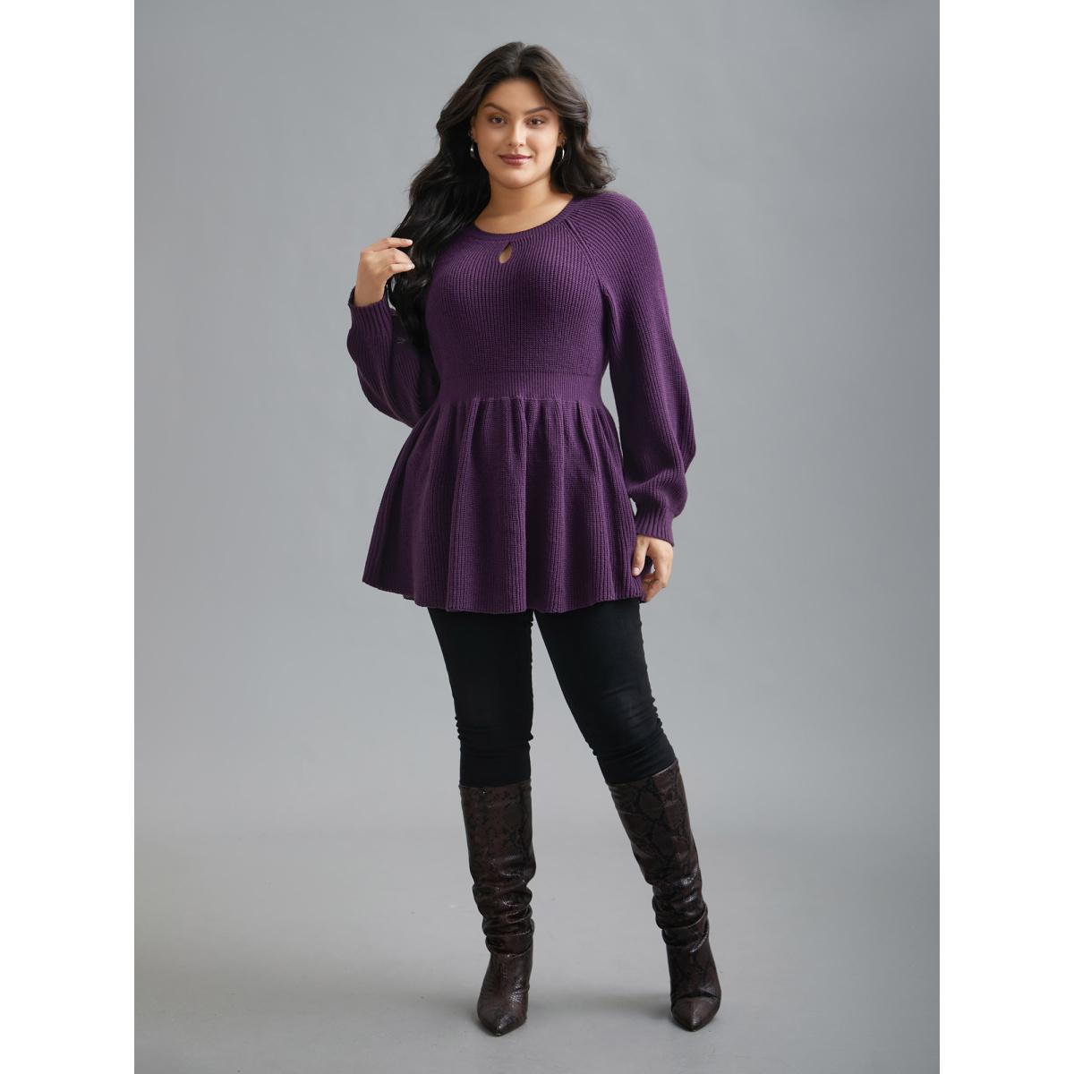 Plus Size Plain Textured Keyhole Raglan Sleeve Pullover Deeppurple Women Elegant Bodycon Long Sleeve Round Neck Everyday Pullovers BloomChic 10/M Product Image