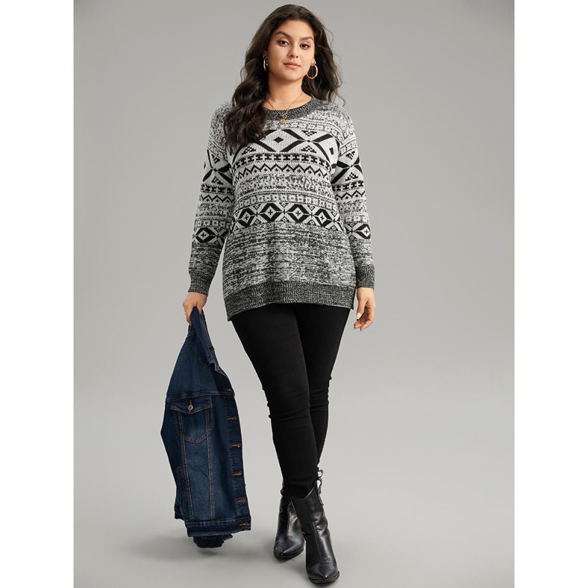 Plus Size Bandana Print Heather Loose Pullover Black Women Casual Loose Long Sleeve Round Neck Dailywear Pullovers BloomChic 30/6X Product Image