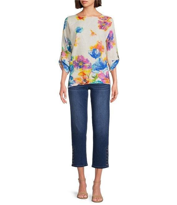 Ali Miles Petite Size Linen Blend Multi Floral Round Neck 3/4 Dolman Roll-Tab Sleeve Tunic Product Image