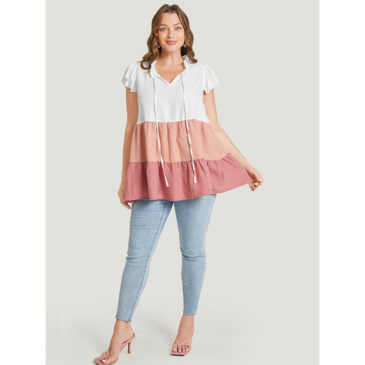 Plus Size Multicolor Colorblock Contrast Cap Sleeve Tie Neck Ruffle Tiered Blouse Women Elegant Cap Sleeve Tie Neck Dailywear Blouses BloomChic 30/6X Product Image