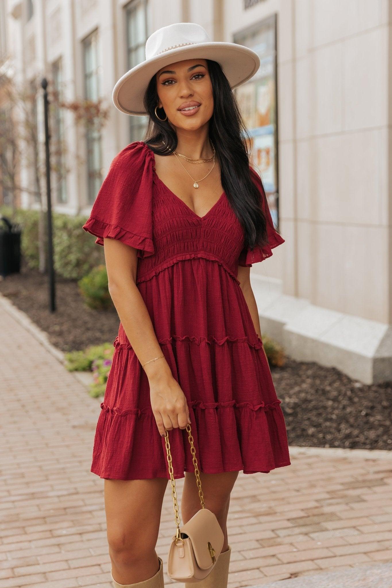 Wine Babydoll Smock Tiered Mini Dress - FINAL SALE Product Image